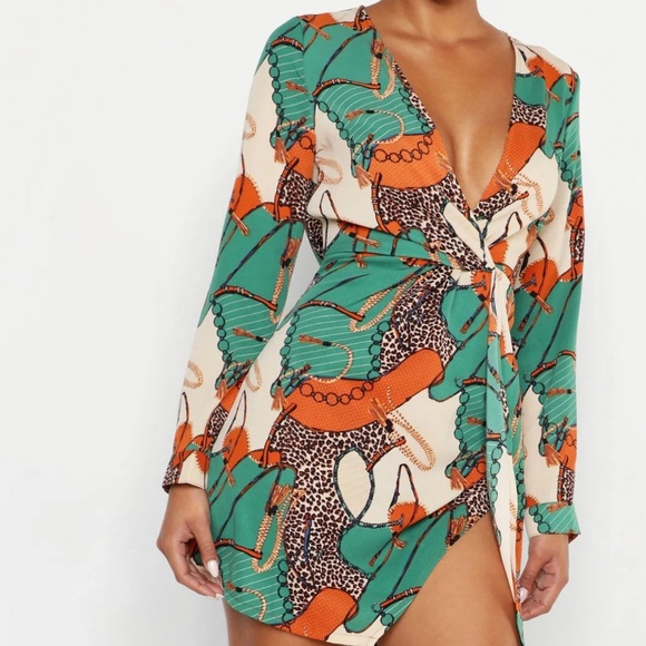 Boohoo - Green/Orange - Satin Chain Print Twist Shift Dress - UK 6/US 2 - NWT - Picture 1 of 12